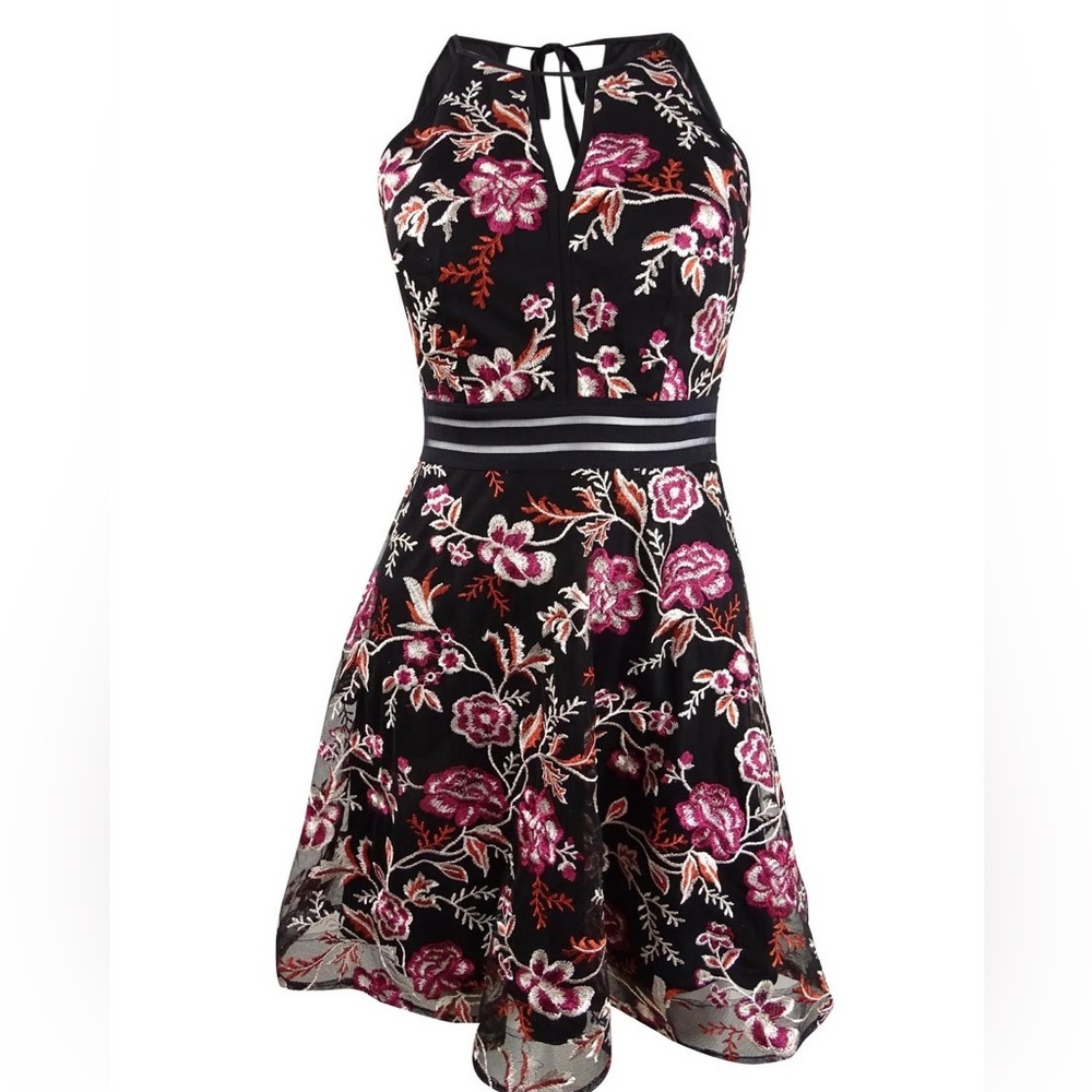 BCX Black Floral Embroidered Illusion Fit Flare Halter Dress Womans Jrs sz 1